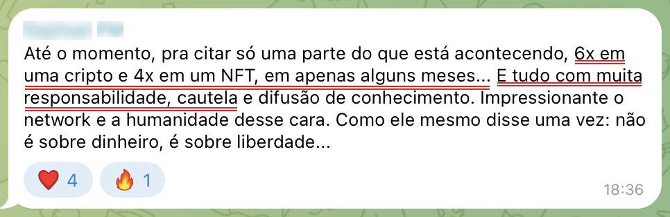 Mensagem de Raphael na comunidade fechada, 05/12/2023: 6x em uma moeda e 4x em um NFT, com muita responsabilidade e cautela